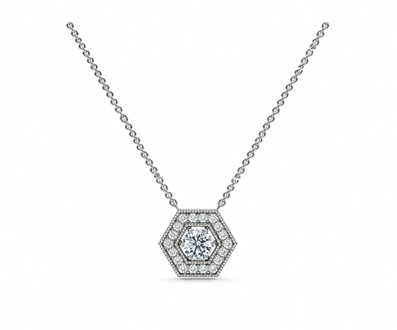 Monte Azul · Dije de diamante redondo con doble marco hexagonal — Oro blanco 18k