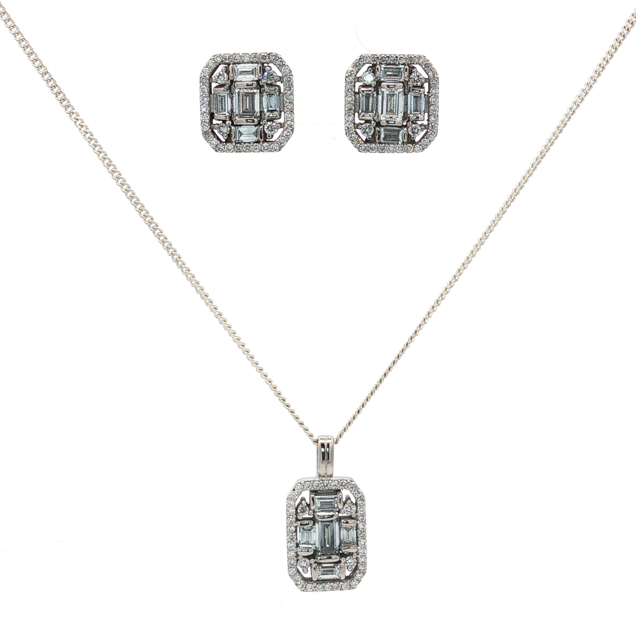 Juego completo de collar y aretes de diamantes corte baguette en oro blanco de 18k